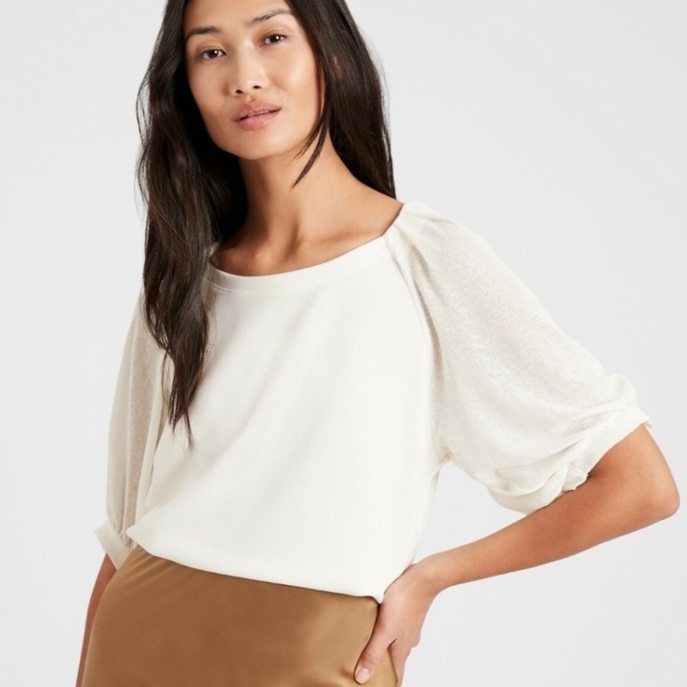 Banana Republic Cream Mixed Media Sheer Balloon Sleeve Blouse Top Large Career